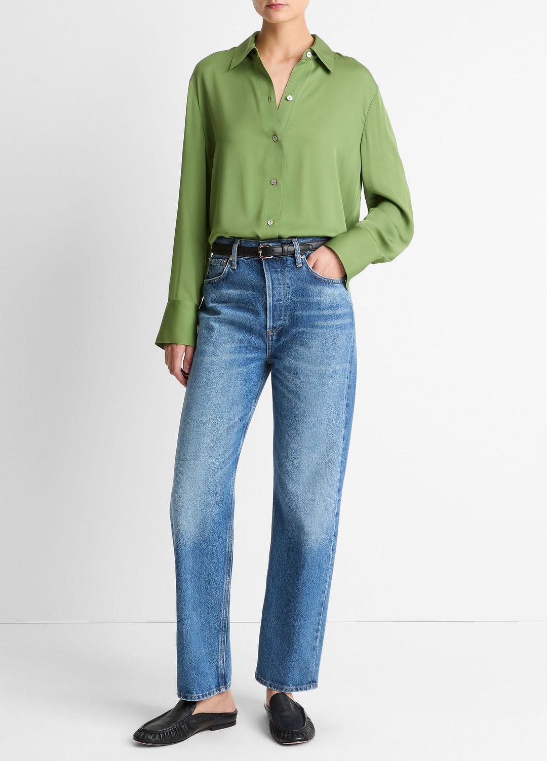 Stretch-Silk Button-Front Blouse in Long Sleeve - CLOVER | VINCE Women