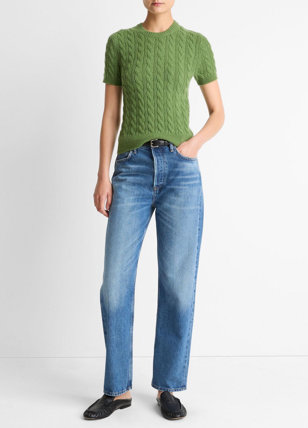 Cable-Knit Wool & Cashmere-Blend Short-Sleeve Sweater in Crew Neck - CLOVER | VINCE Women
