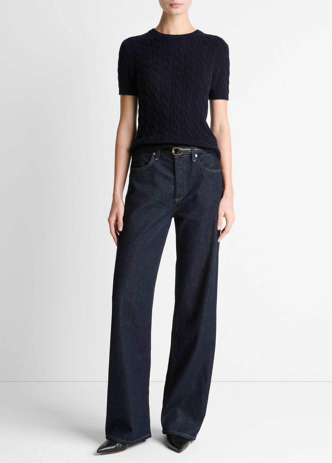 Cable-Knit Wool & Cashmere-Blend Short-Sleeve Sweater in Crew Neck - COASTAL BLUE | VINCE Women