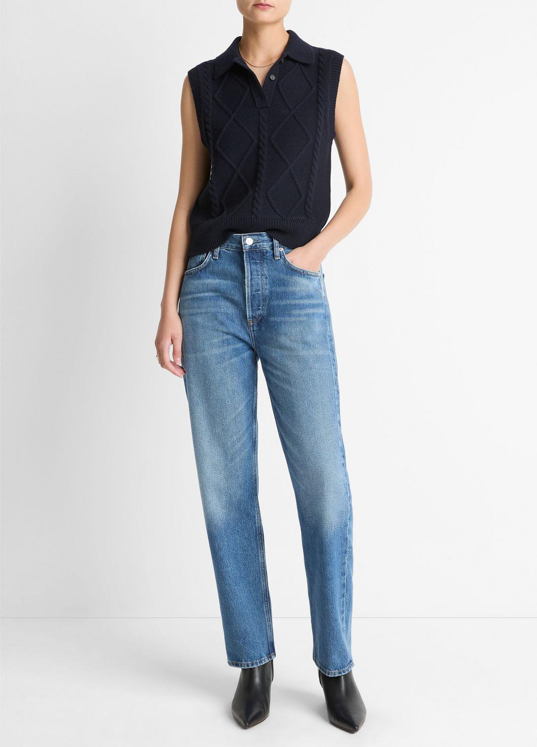 Cable-Knit Wool & Cotton-Blend Sweater Vest in V-Neck - COASTAL BLUE | VINCE Women