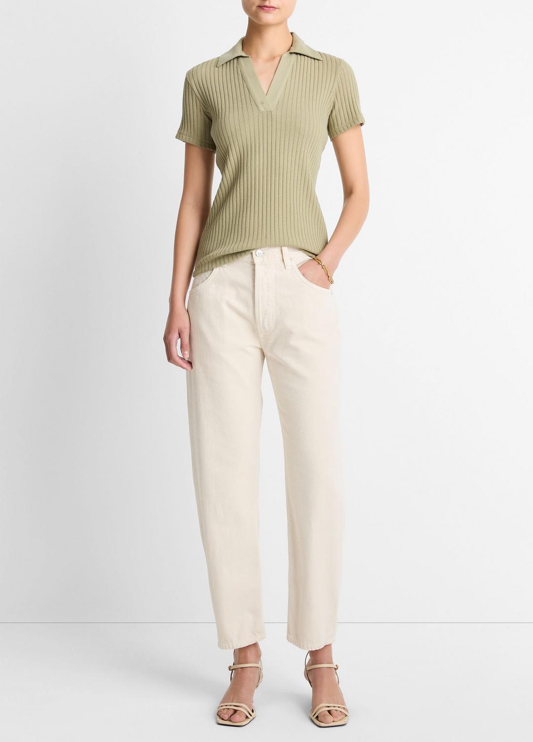 Ribbed Cotton-Blend Polo Shirt in Short Sleeve - OLIVE STONE | VINCE Women