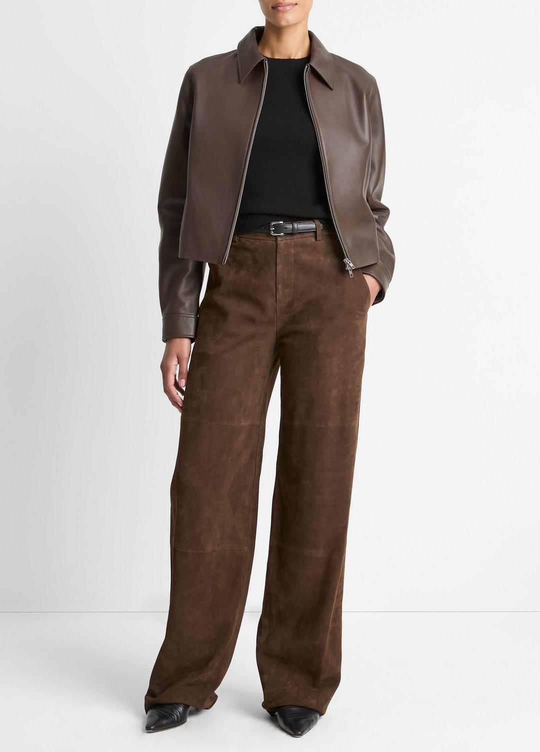 Leather Cropped Zip-Front Jacket in Leather Jackets - CHOCOLATE | VINCE Women