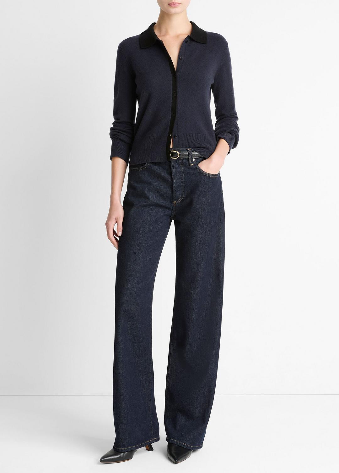 Contrast-Trim Wool & Cashmere-Blend Collared Cardigan in Cardigans - NIGHT MARINE/BLACK | VINCE Women