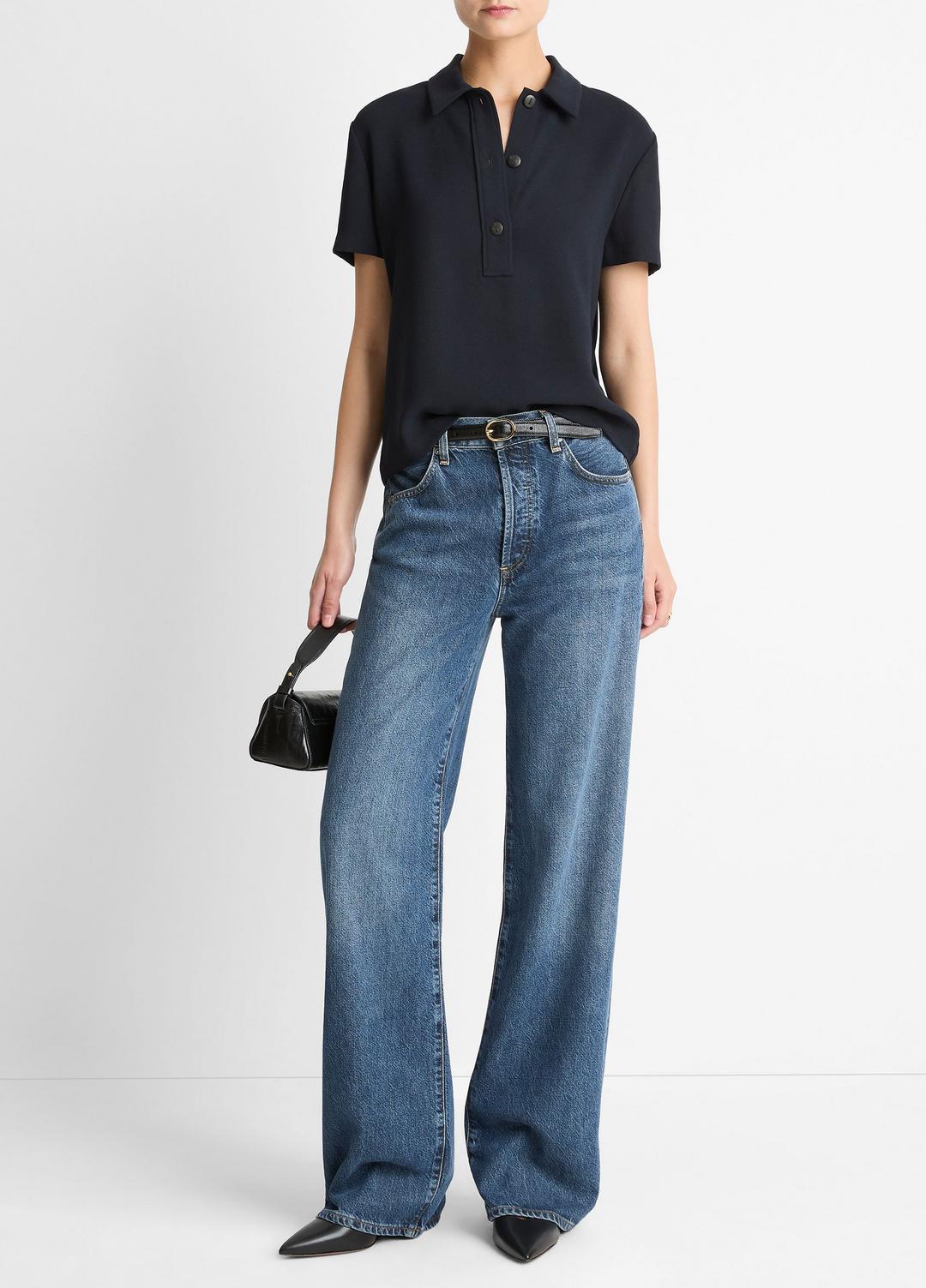 Crepe Polo Shirt in Short Sleeve - COASTAL BLUE | VINCE Women