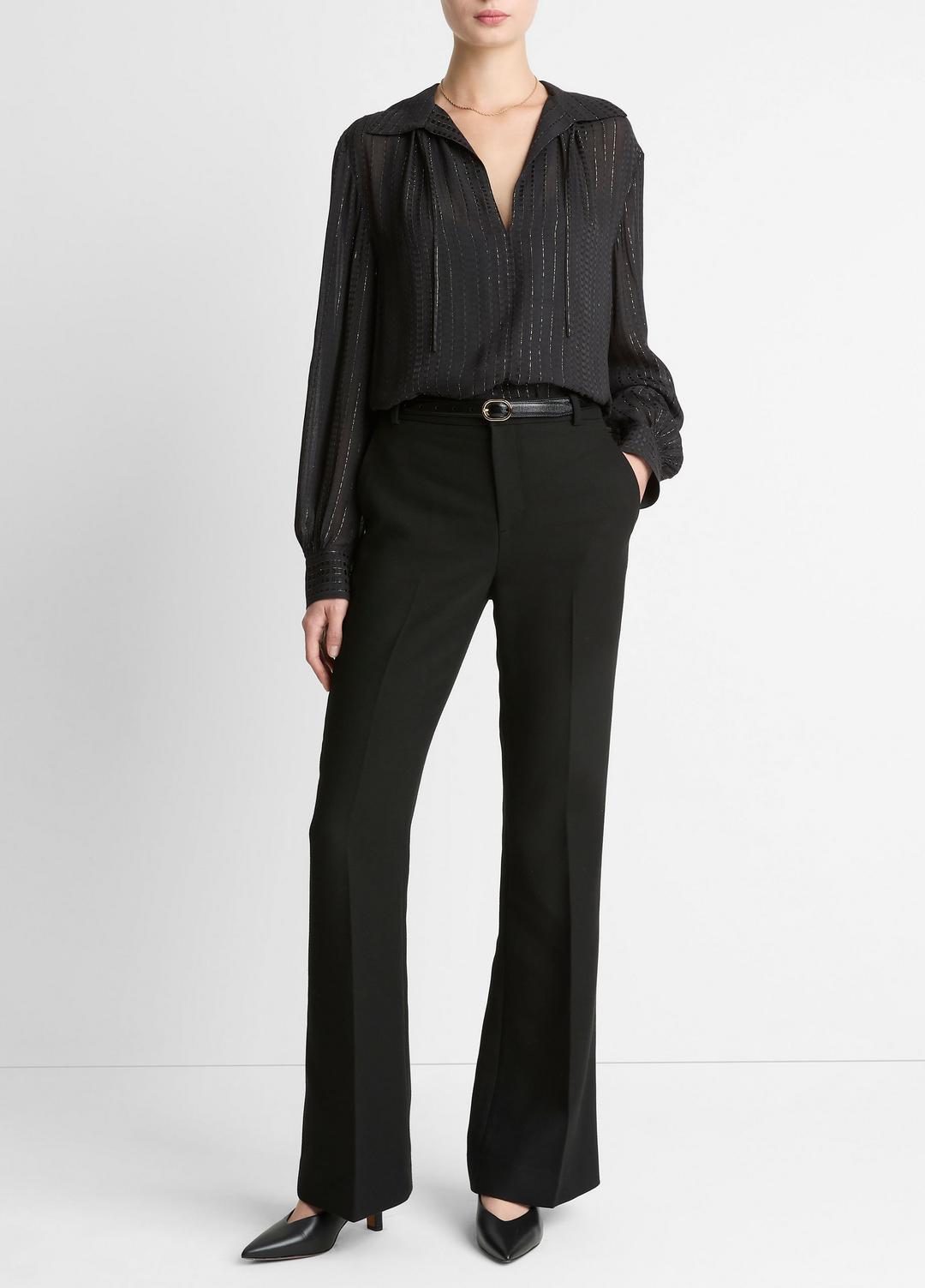 Metallic-Stripe Gathered Blouse in Long Sleeve - BLACK | VINCE Women
