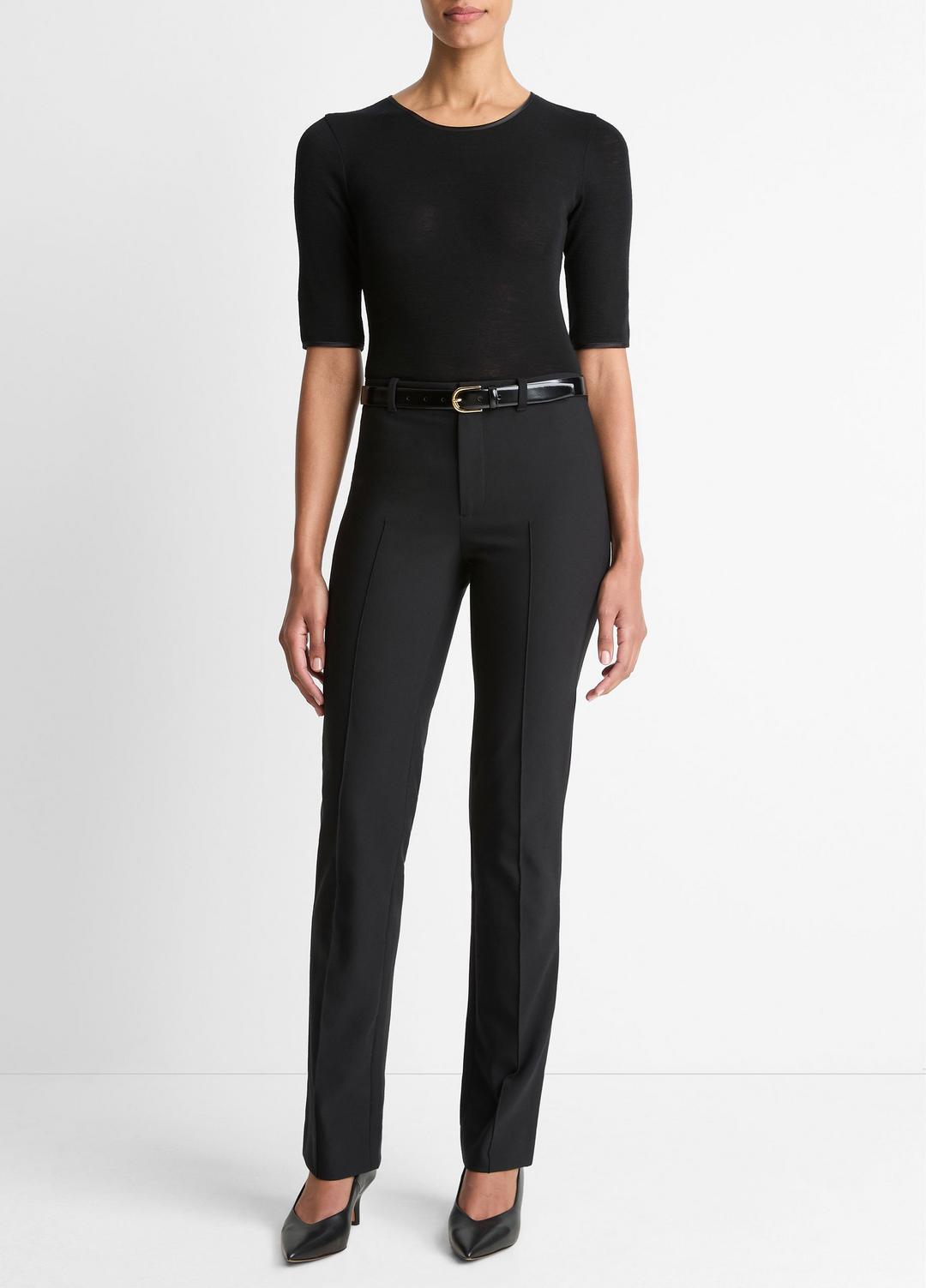 Satin-Trim Wool Elbow-Sleeve T-Shirt in Short Sleeve - BLACK | VINCE Women