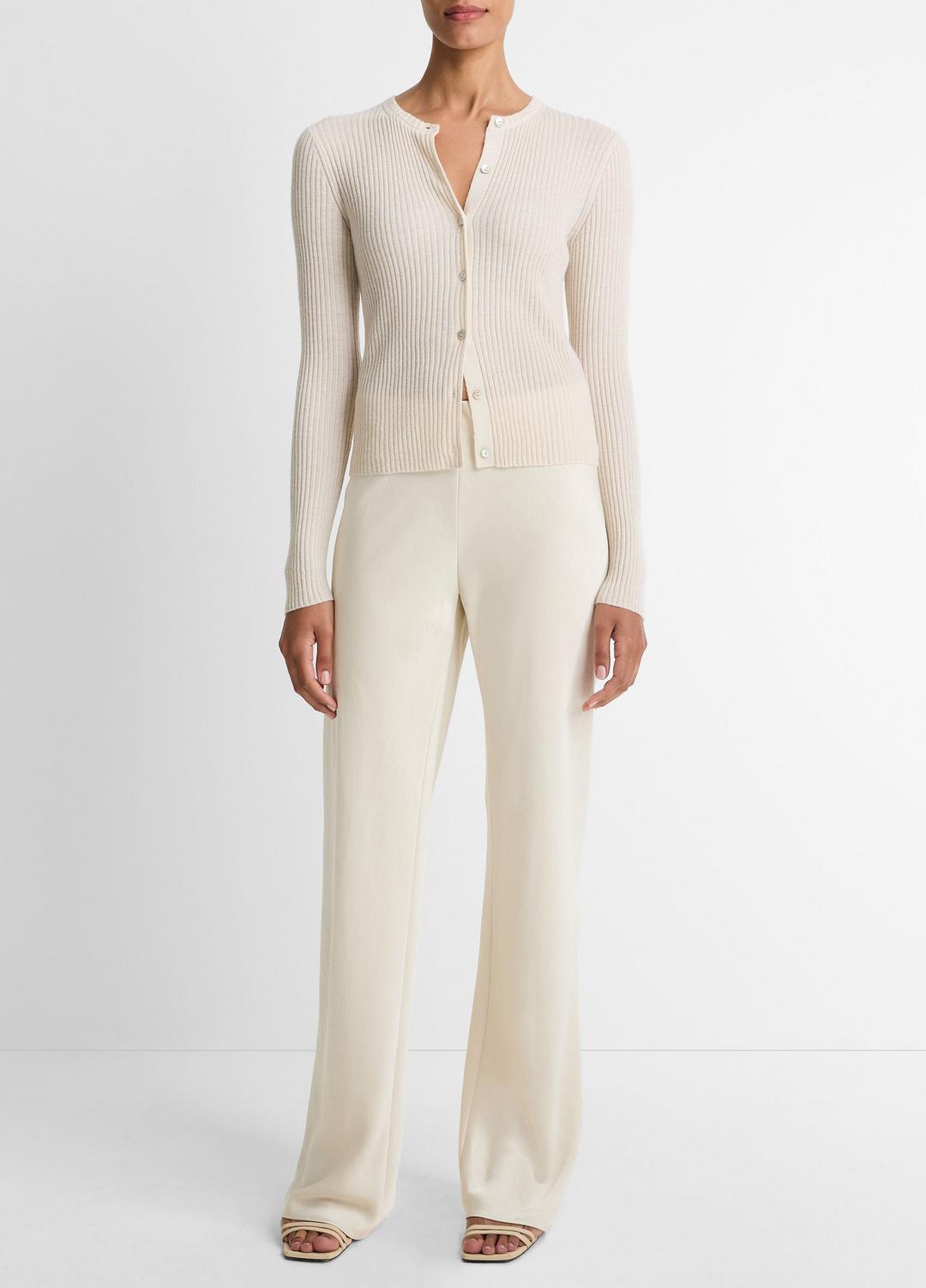 Ribbed Cashmere-Silk Cardigan in Cardigans - WHITE SAND | VINCE Women