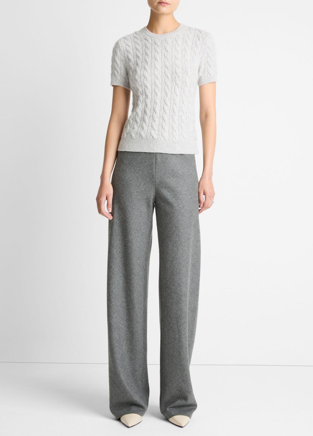 Cable-Knit Wool & Cashmere-Blend Short-Sleeve Sweater in Crew Neck - HEATHER PALE GREY | VINCE Women