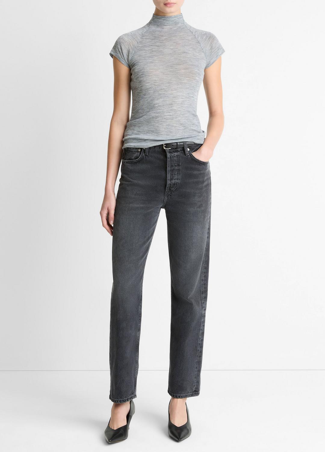 Wool Raglan Cap-Sleeve Mock-Neck Top in Short Sleeve - HEATHER THISTLE | VINCE Women