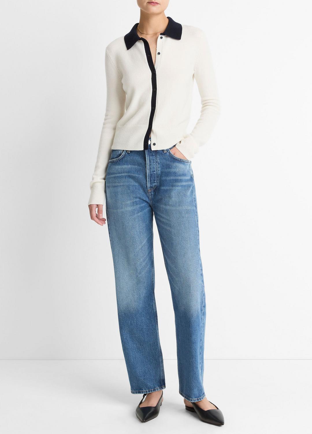Contrast-Trim Wool & Cashmere-Blend Collared Cardigan in Cardigans - OFF WHITE/COASTAL BLUE | VINCE Women