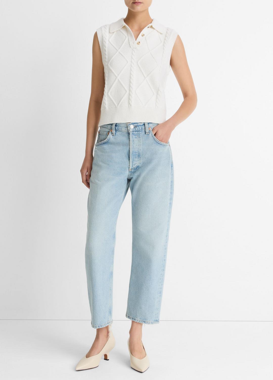 Cable-Knit Wool & Cotton-Blend Sweater Vest in V-Neck - OFF WHITE | VINCE Women