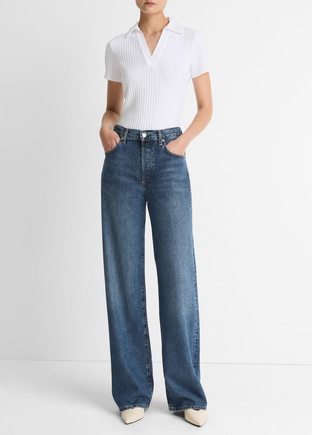 Ribbed Cotton-Blend Polo Shirt in Short Sleeve - OPTIC WHITE | VINCE Women