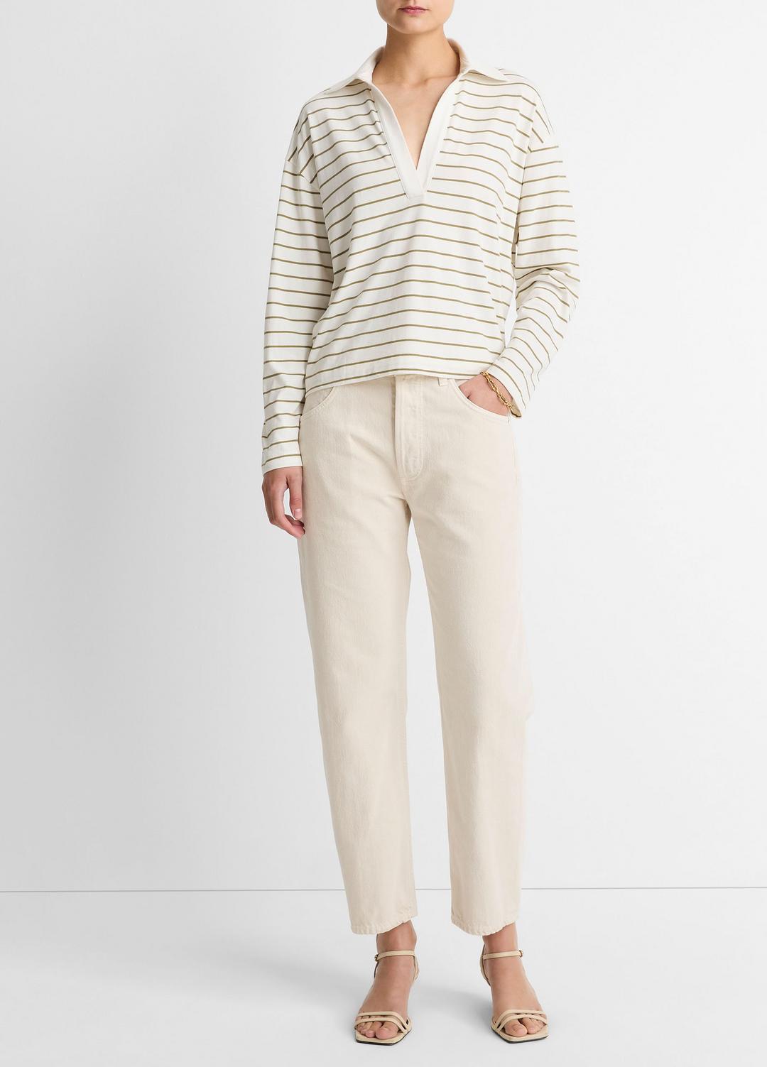 Striped Cotton Long-Sleeve Polo Shirt in Long Sleeve - OLIVE STONE COMBO | VINCE Women