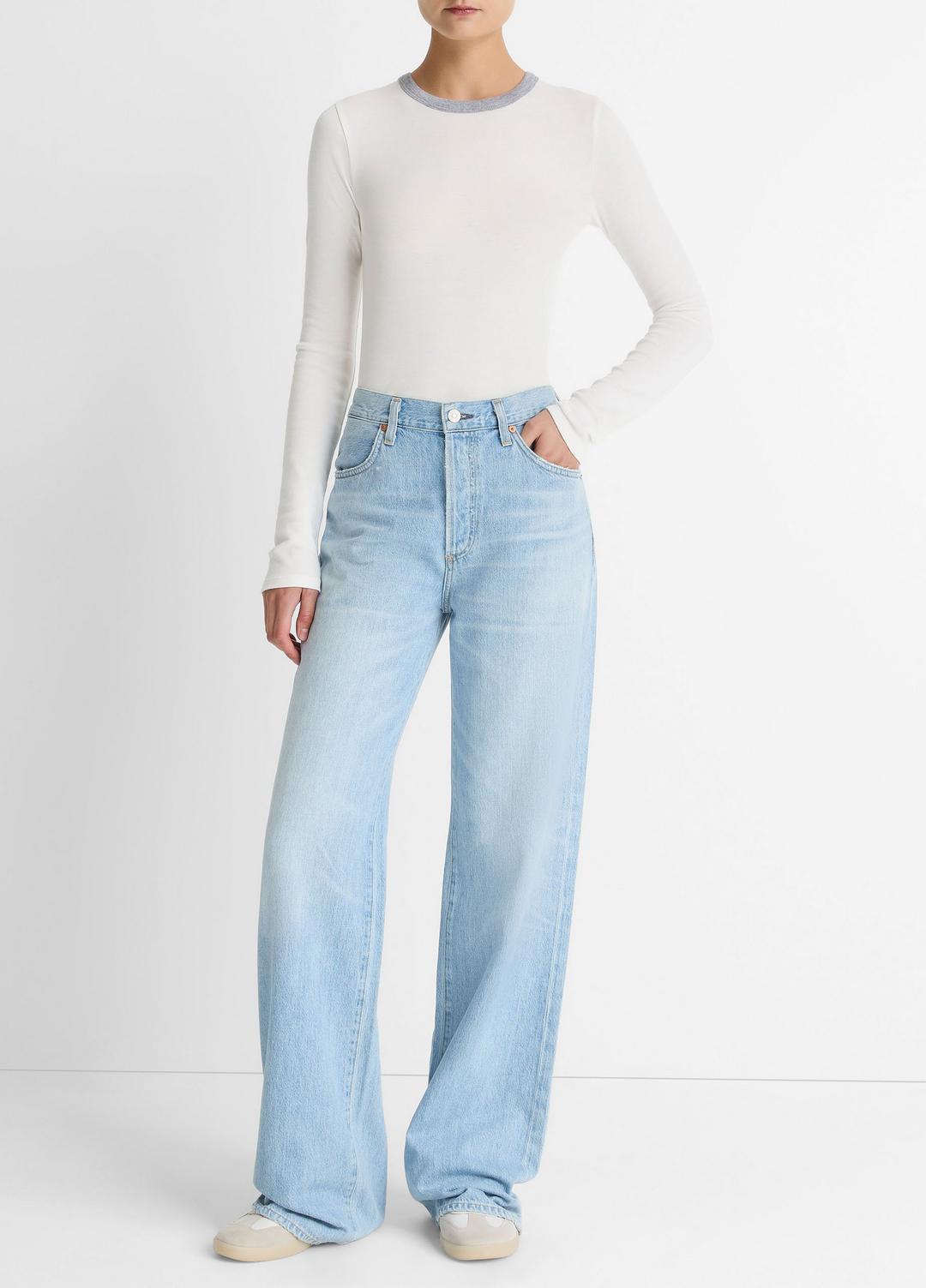 Tipped Heathered Pima Cotton-Blend Long-Sleeve T-Shirt in Long Sleeve - OFF WHITE COMBO | VINCE Women