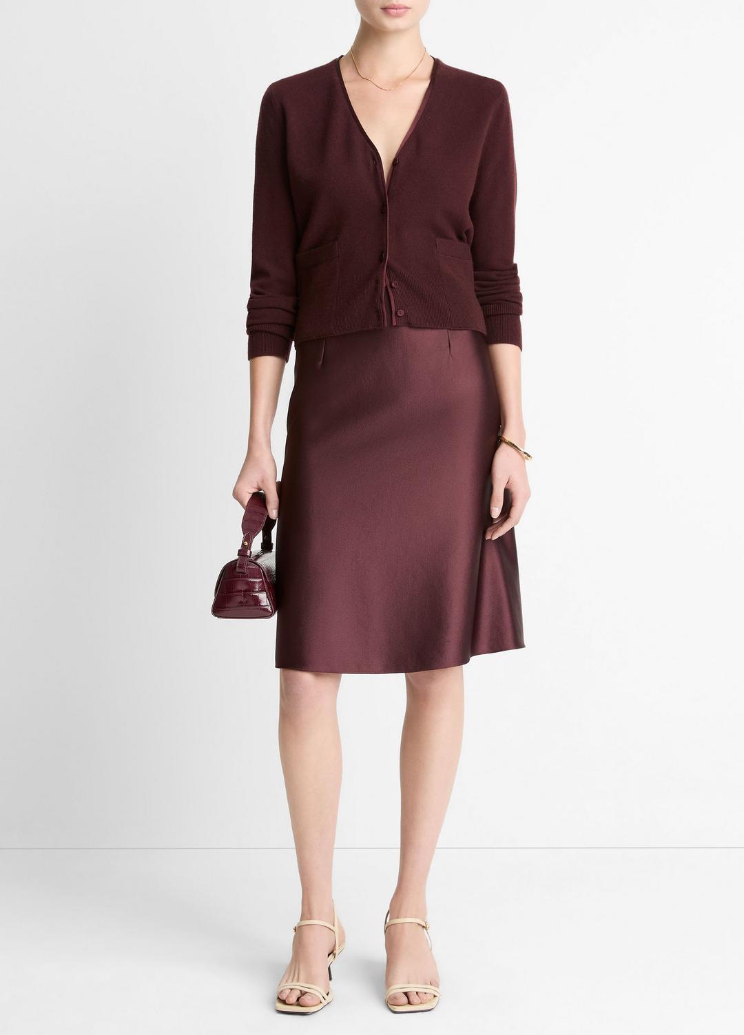 Satin-Trim Wool & Cashmere-Blend Cardigan in Cardigans - OXBLOOD | VINCE Women