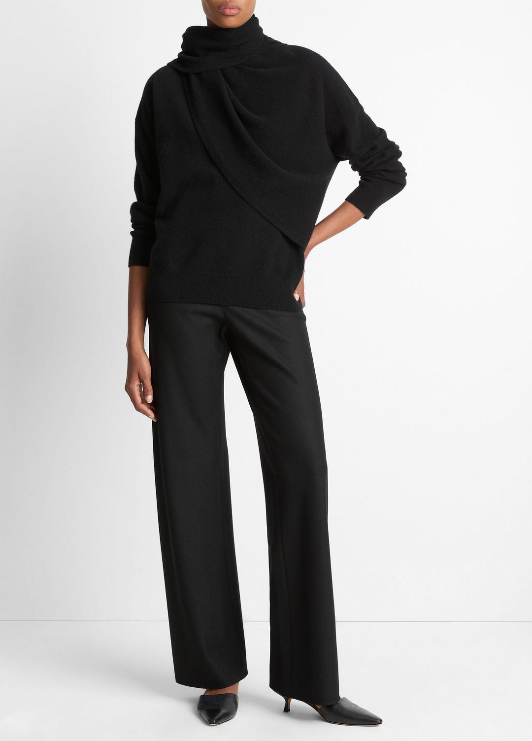 Draped-Shawl Wool-Cashmere Sweater in Turtleneck - BLACK | VINCE Women