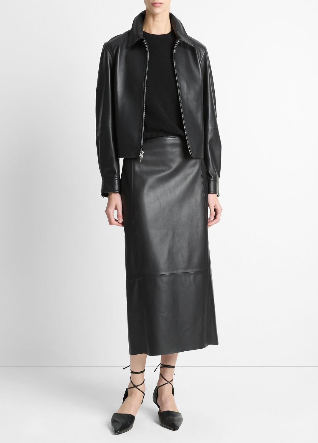 Leather Cropped Zip-Front Jacket in Jackets - BLACK | VINCE Women