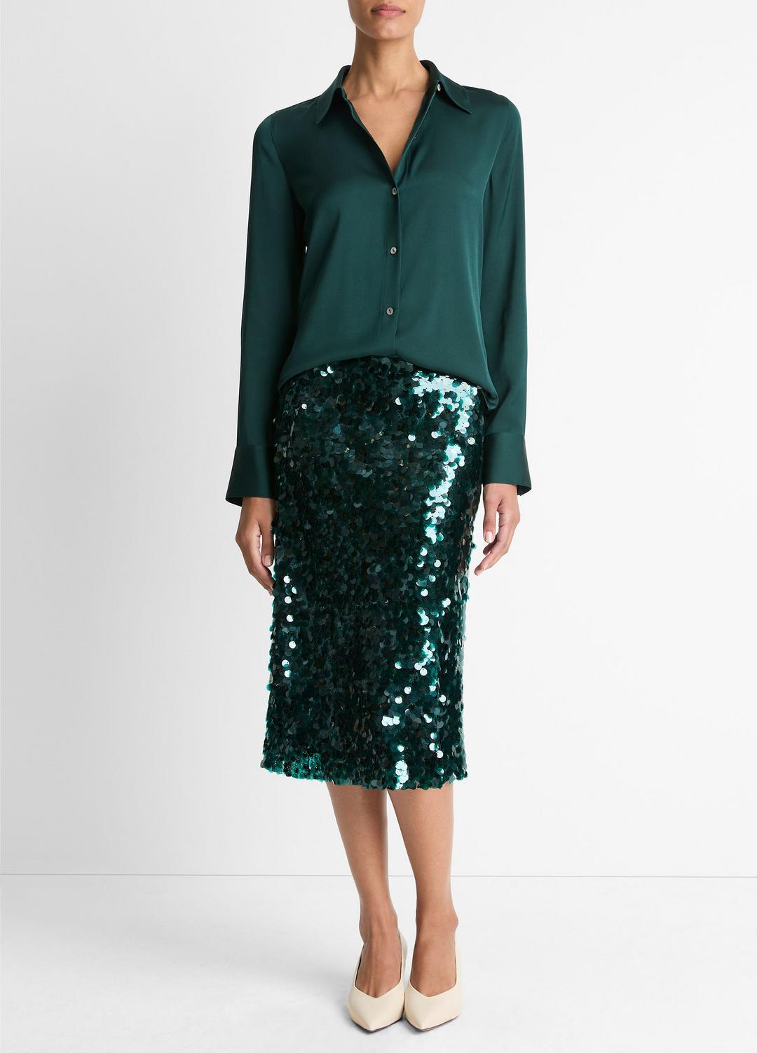 Silk-Blend Slim Button-Front Blouse in Long Sleeve - JUNIPER | VINCE Women