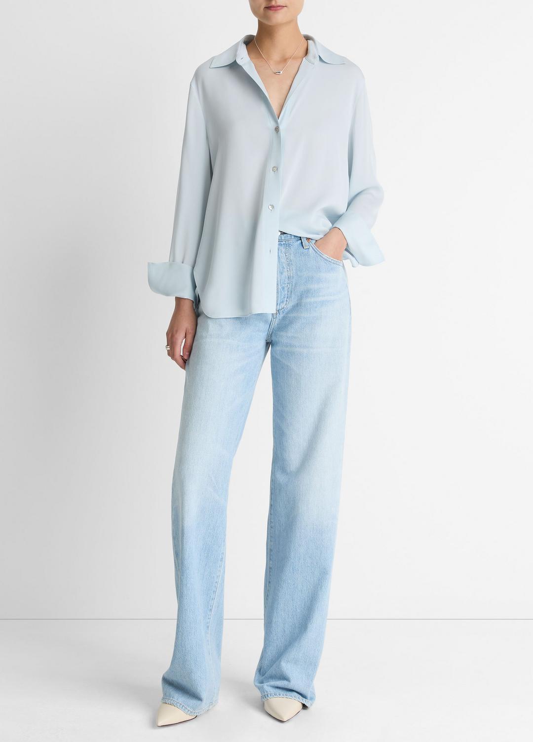 Stretch-Silk Button-Front Blouse in Long Sleeve - GLACIER | VINCE Women