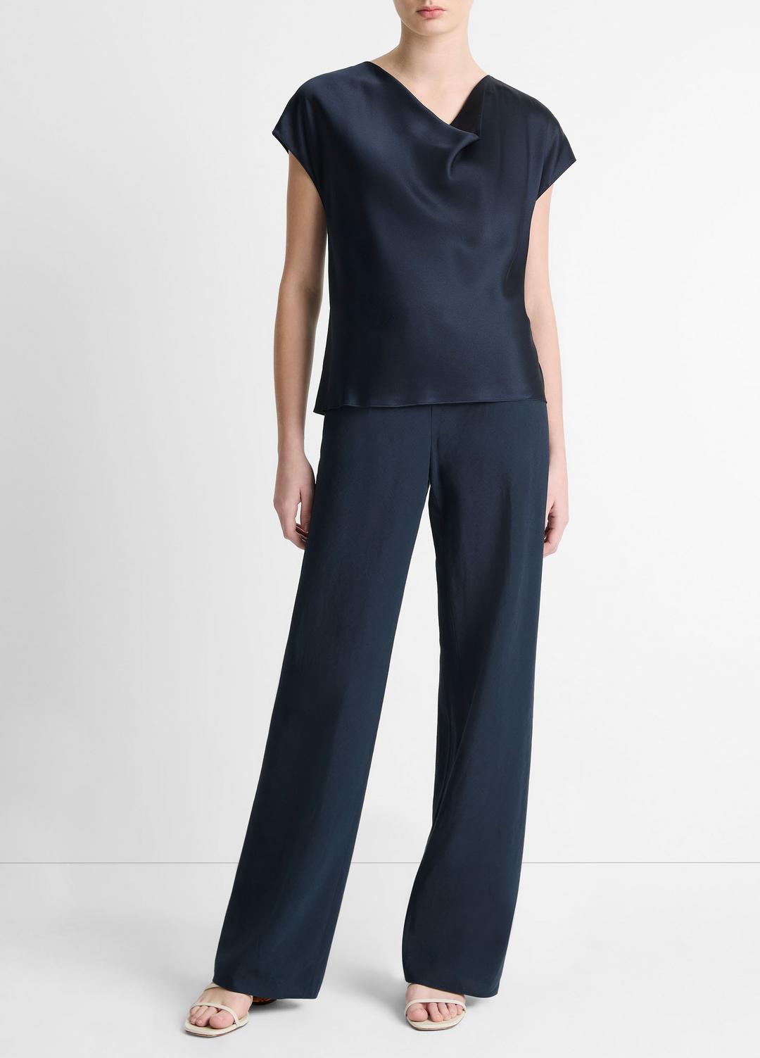 Silk Cowl-Neck Blouse in Short Sleeve - COASTAL BLUE | VINCE Women