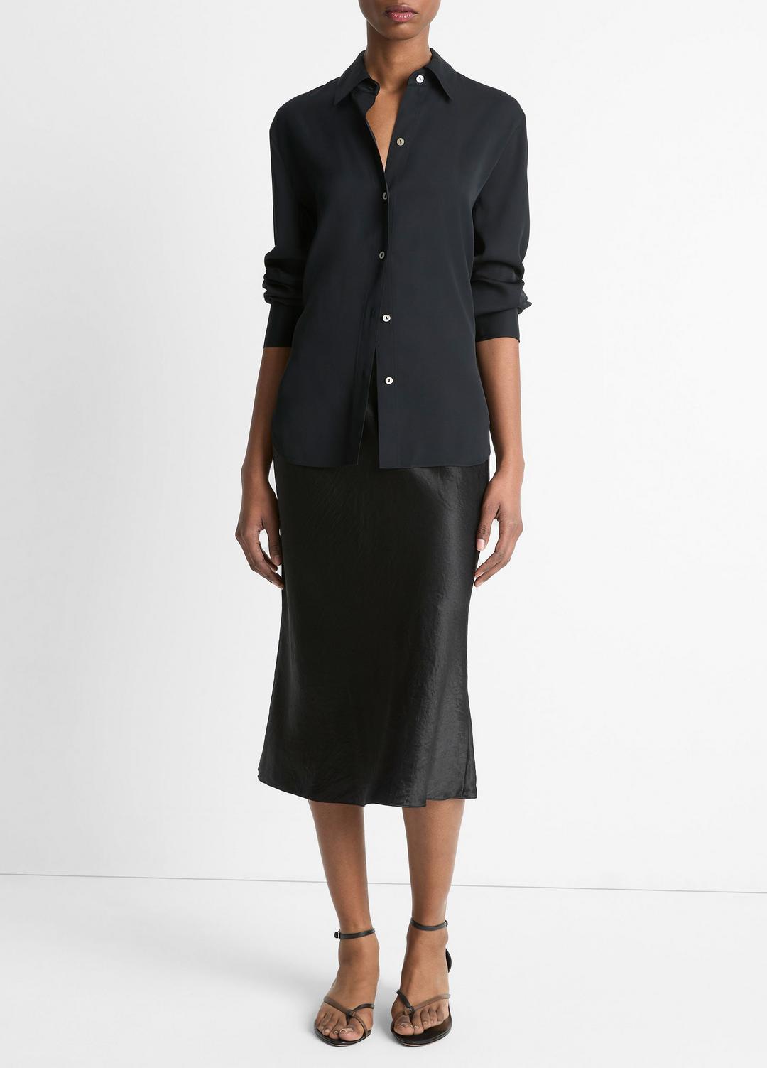 Stretch-Silk Button-Front Blouse in Long Sleeve - BLACK | VINCE Women