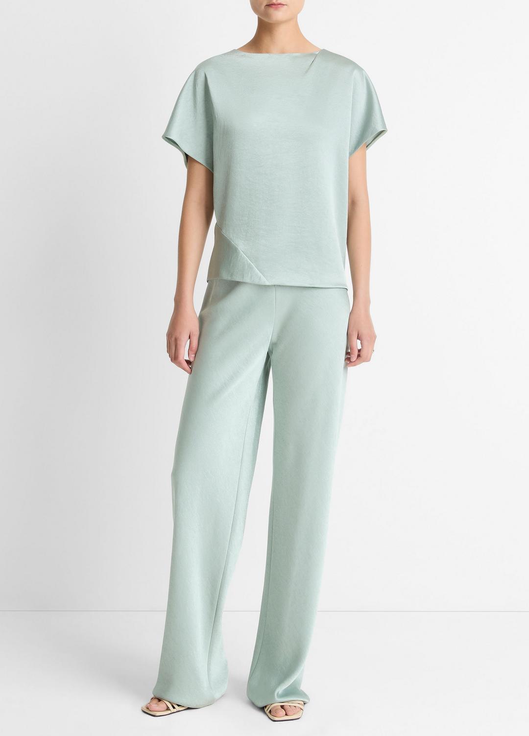 Draped Satin Dolman-Sleeve Blouse in Short Sleeve - ALOE STONE | VINCE Women