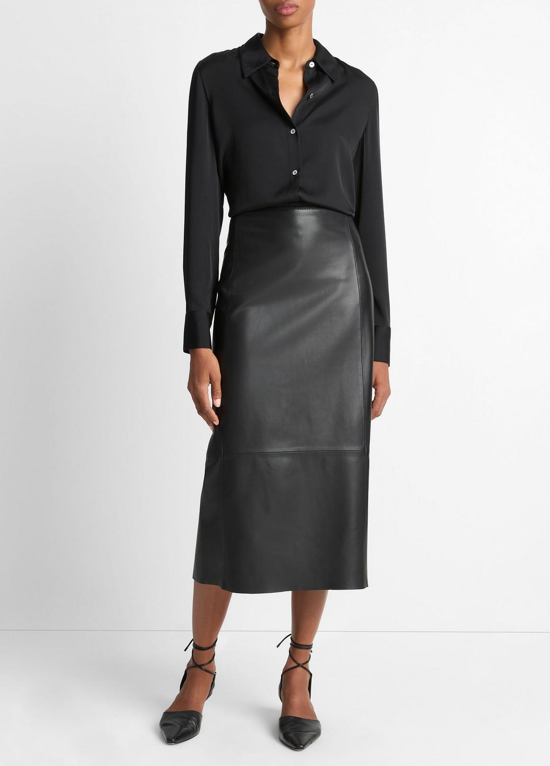 Silk-Blend Slim Button-Front Blouse in Long Sleeve - BLACK | VINCE Women
