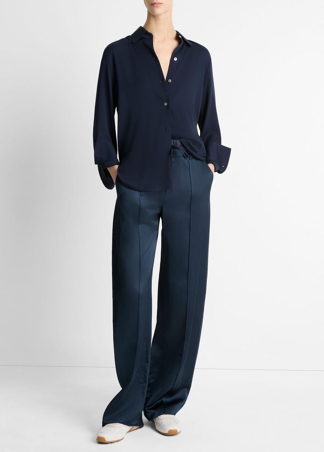 Stretch-Silk Button-Front Blouse in Long Sleeve - COASTAL BLUE | VINCE Women