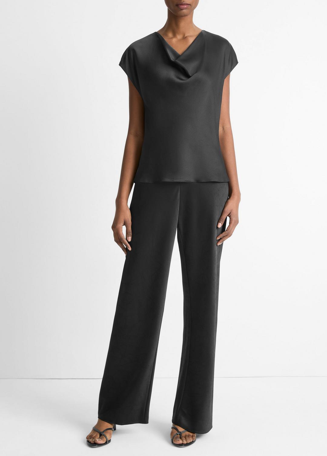 Silk Cowl-Neck Blouse in Short Sleeve - BLACK | VINCE Women