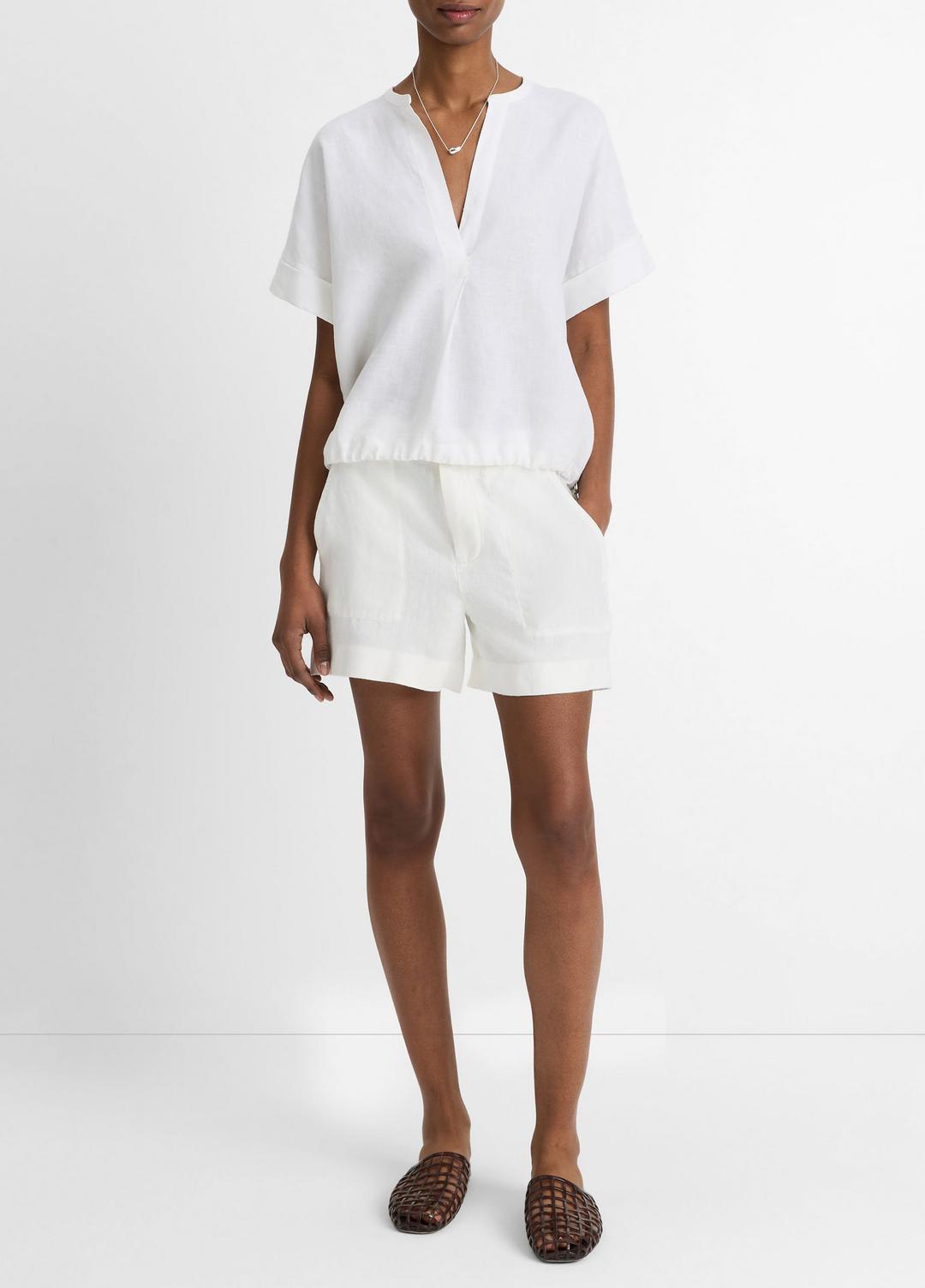 Linen Drawcord-Hem Blouse in Short Sleeve - OPTIC WHITE | VINCE Women