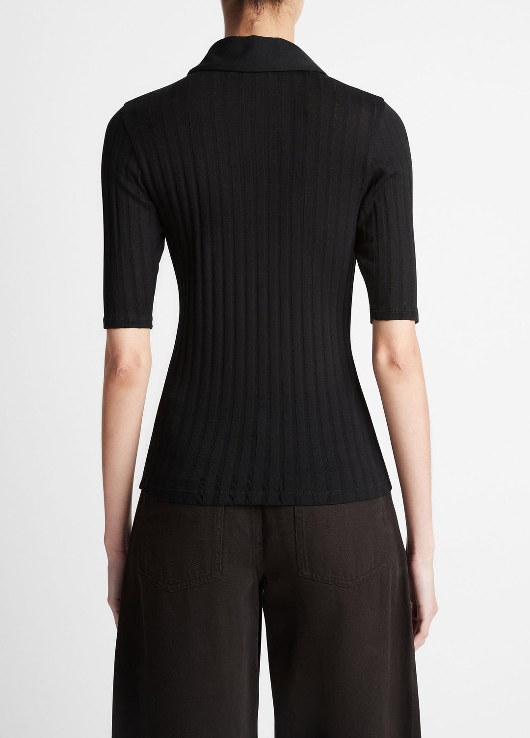 Cotton Elbow-Sleeve Polo Shirt in Short Sleeve - BLACK | VINCE Women