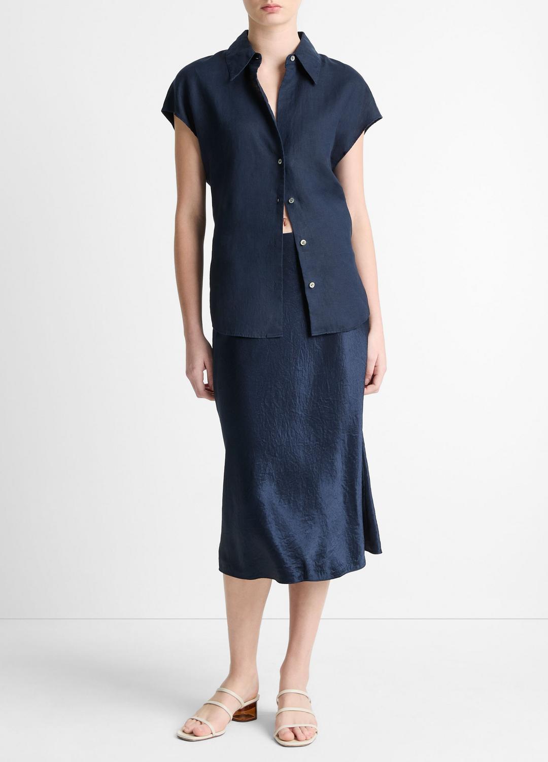 Linen Cap-Sleeve Button-Front Blouse in Short Sleeve - COASTAL BLUE | VINCE Women