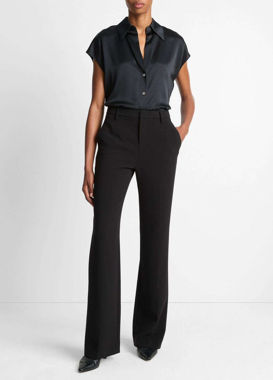 Silk Cap-Sleeve Ruched-Back Blouse in Short Sleeve - BLACK | VINCE Women