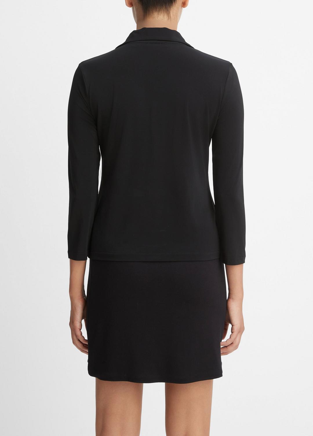 Three-Quarter-Sleeve Button-Front Polo Top in Long Sleeve - BLACK | VINCE Women