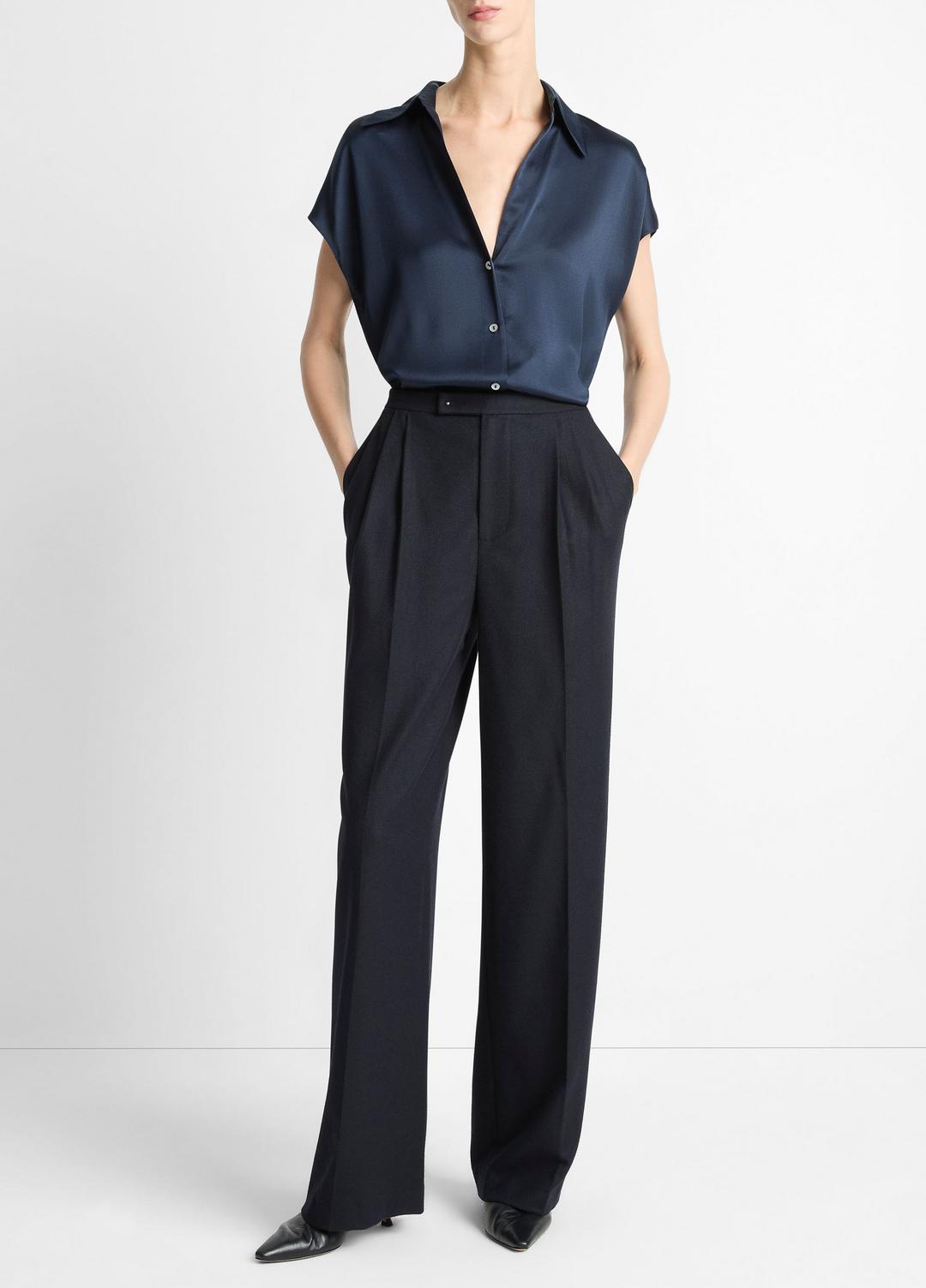 Silk Cap-Sleeve Ruched-Back Blouse in Short Sleeve - COASTAL BLUE | VINCE Women