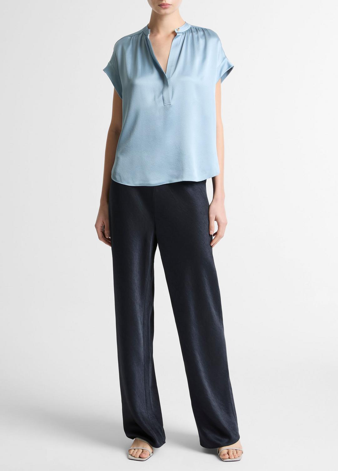 Silk Gathered Cap-Sleeve Blouse in Short Sleeve - DEL MAR | VINCE Women