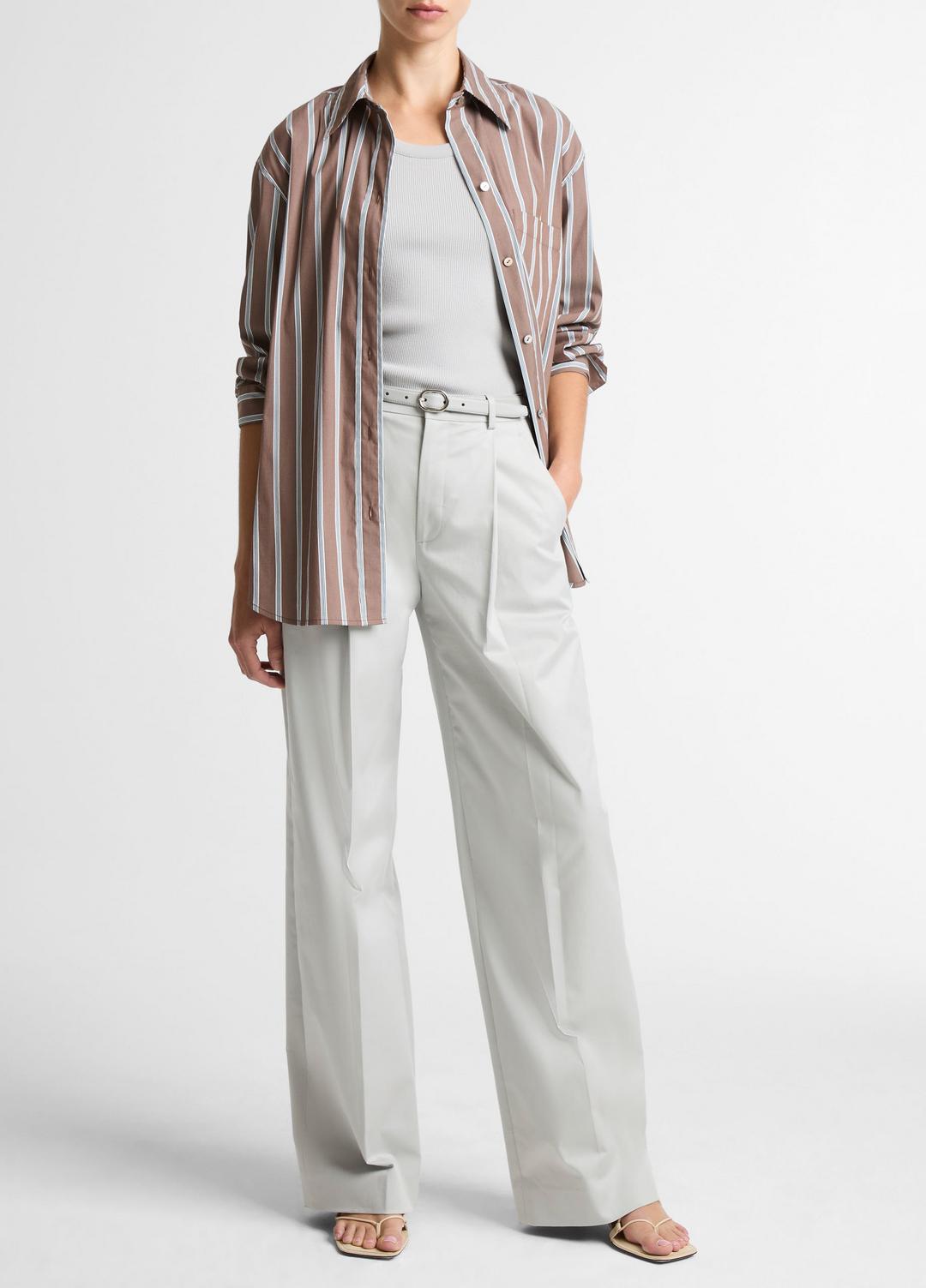 Striped Cotton-Blend Button-Front Shirt in Long Sleeve - BROWN MULTI | VINCE Women