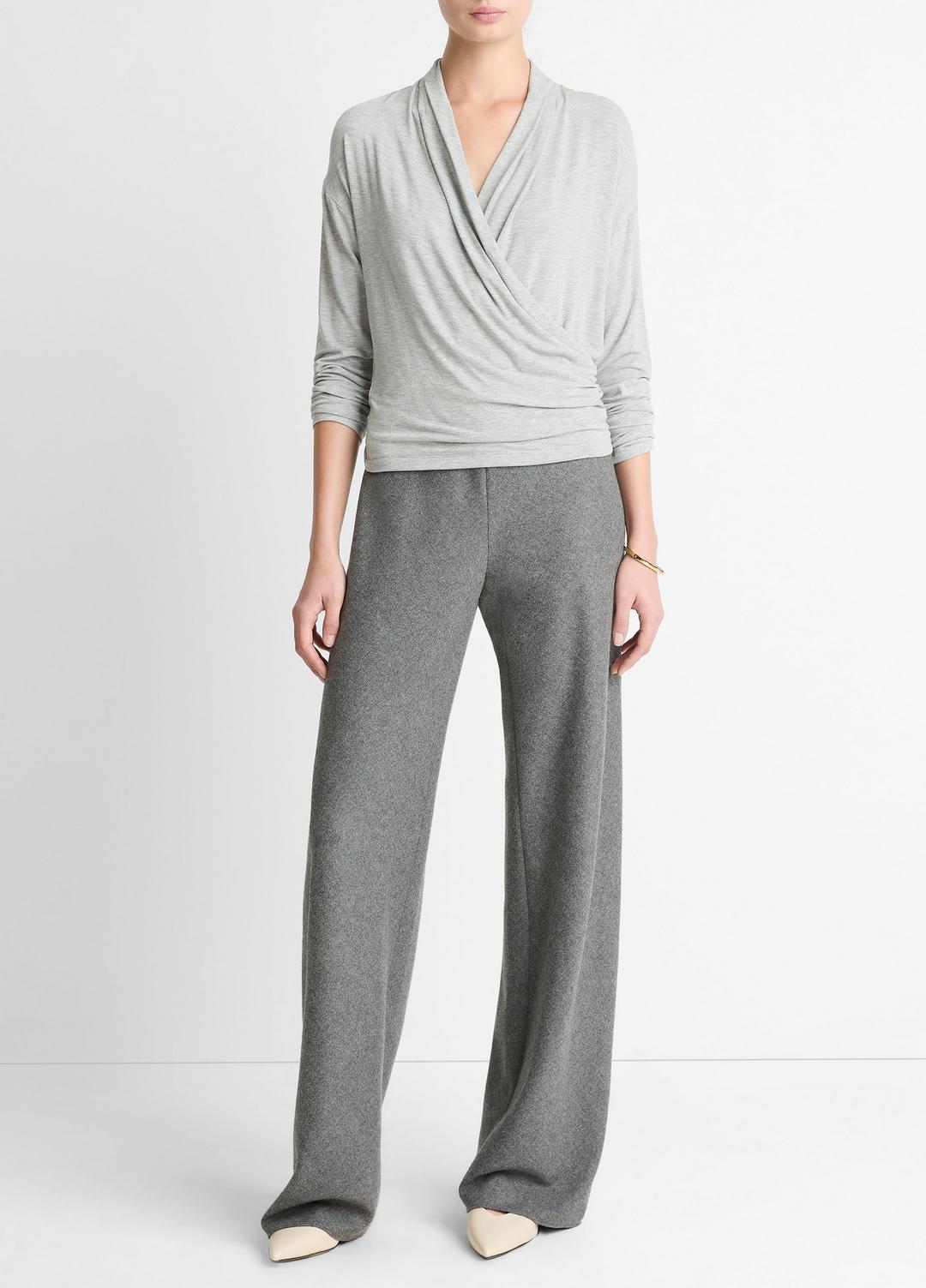 Relaxed Fixed-Wrap Jersey Top in Long Sleeve - HEATHER PALE GREY | VINCE Women
