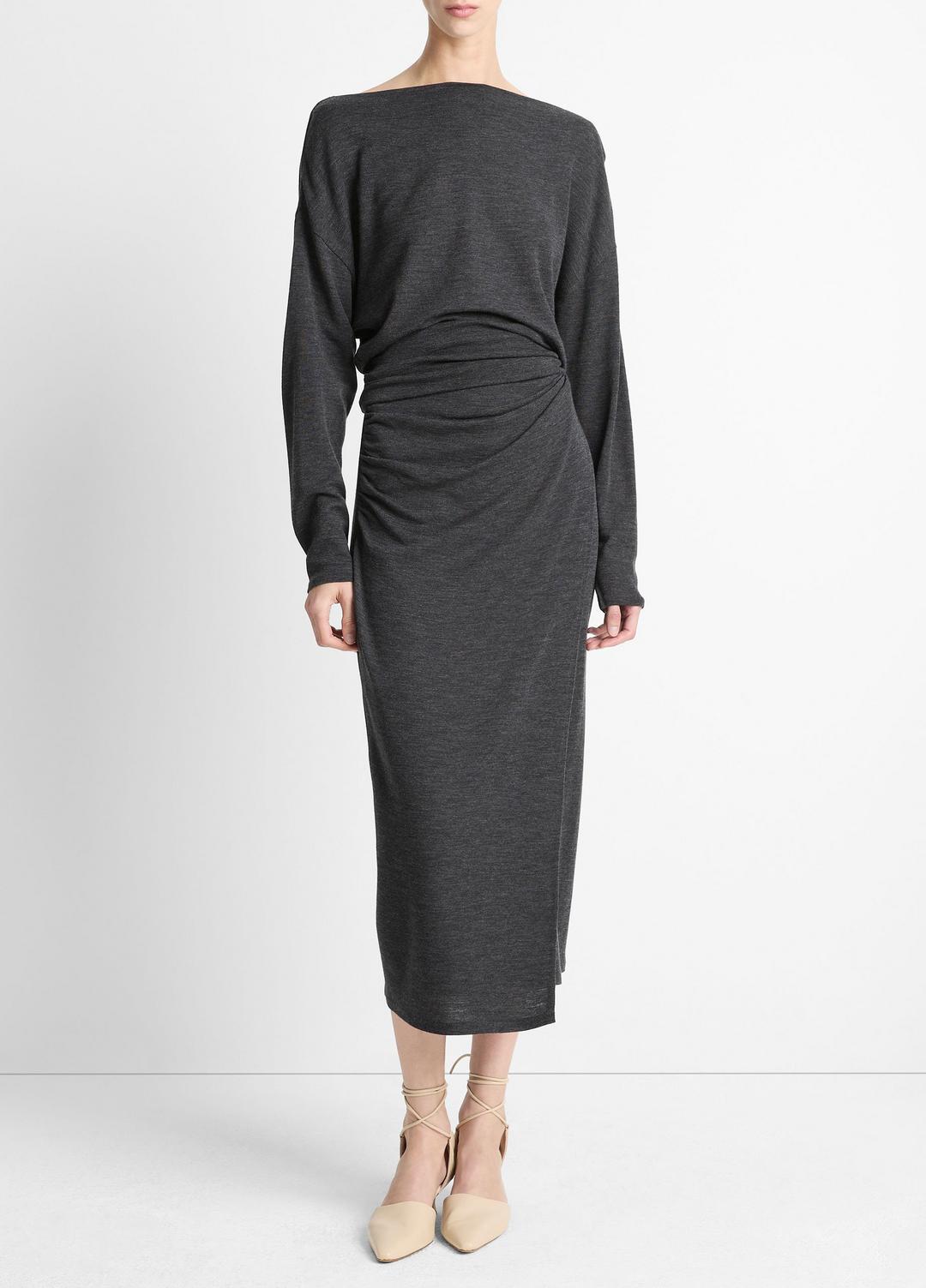Draped Wool-Blend Slash-Neck Top in Long Sleeve - DARK HEATHER GREY | VINCE Women