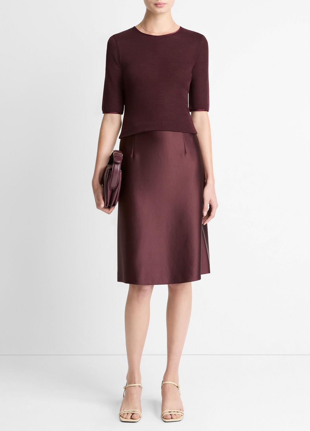 Satin-Trim Wool Elbow-Sleeve T-Shirt in Short Sleeve - OXBLOOD | VINCE Women