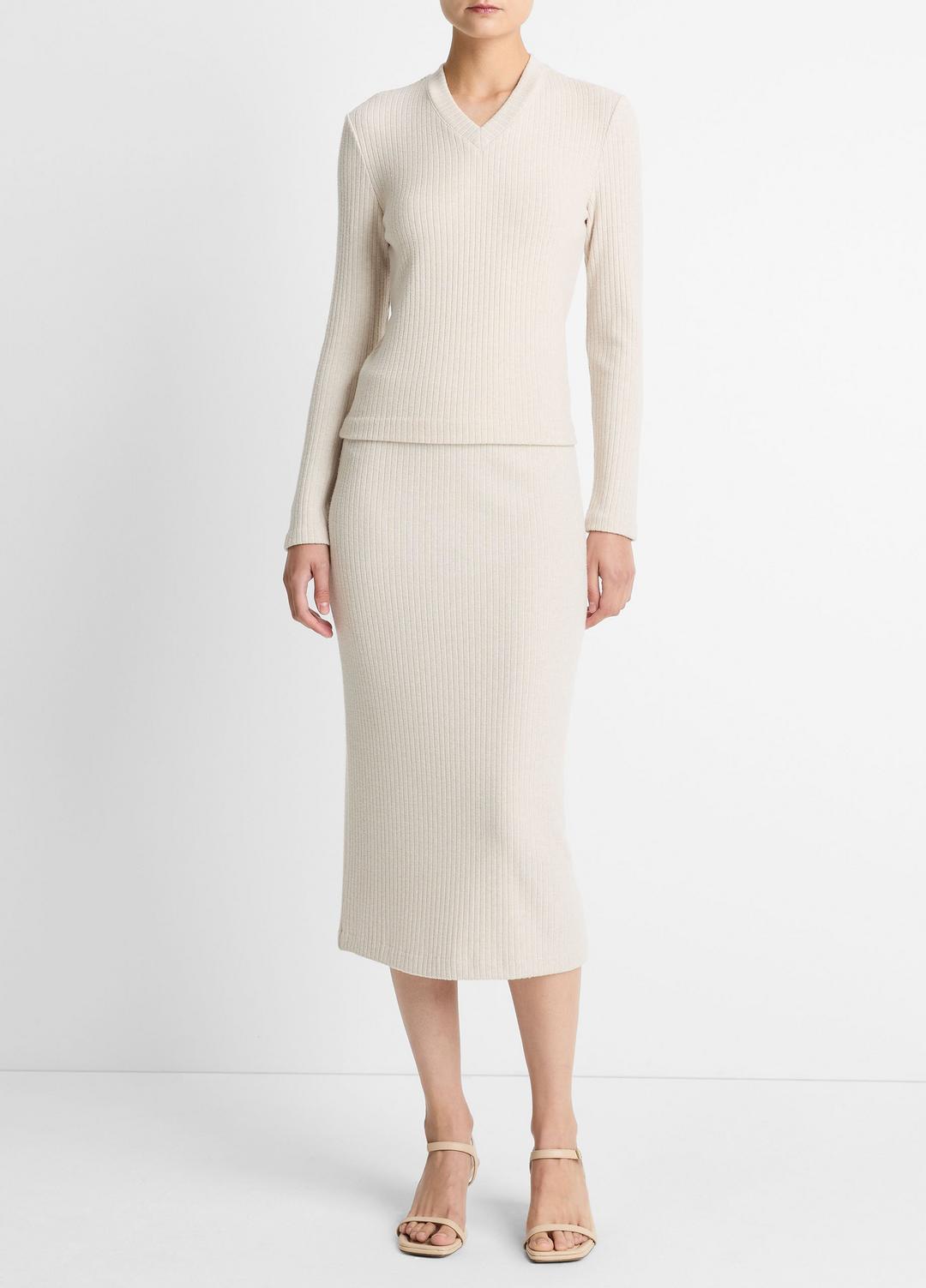 Cozy Rib High V-Neck Top in Long Sleeve - HEATHER CREAM OAT | VINCE Women