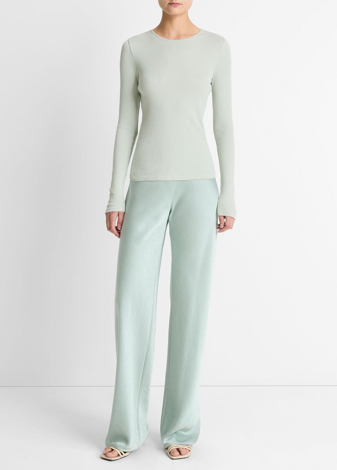 Ribbed Pima Cotton Long-Sleeve T-Shirt in Long Sleeve - LIGHT ALOE STONE | VINCE Women
