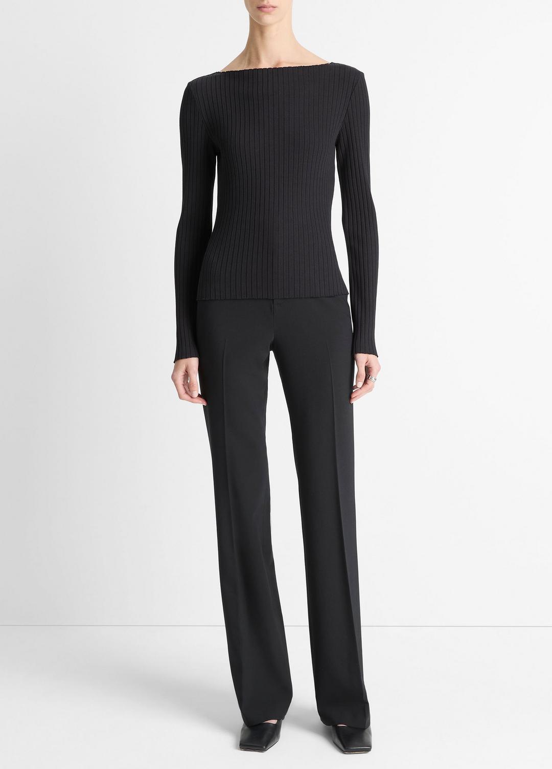 Ribbed Cotton-Blend Slash-Neck Long-Sleeve Top in Long Sleeve - BLACK | VINCE Women