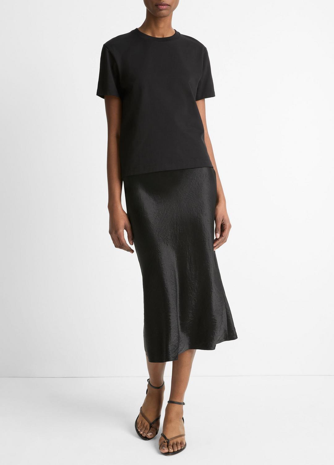 Pima Cotton Crew Neck T-Shirt in Short Sleeve - BLACK | VINCE Women