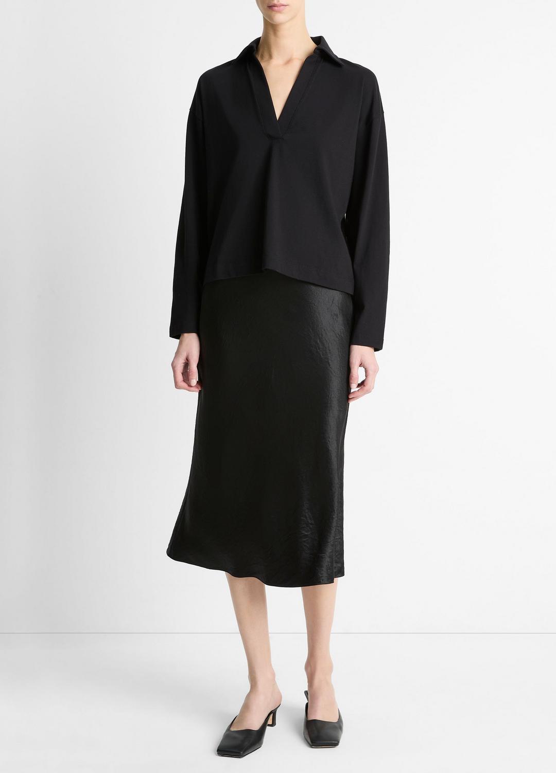 Easy Pima Cotton Long-Sleeve Polo Shirt in Long Sleeve - BLACK | VINCE Women