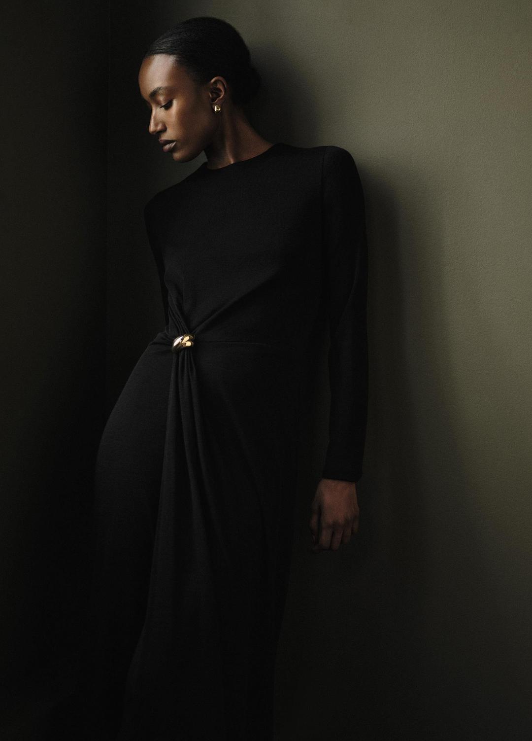 Cinched-Waist Wool-Blend Long-Sleeve Dress in Dresses - BLACK | VINCE Women