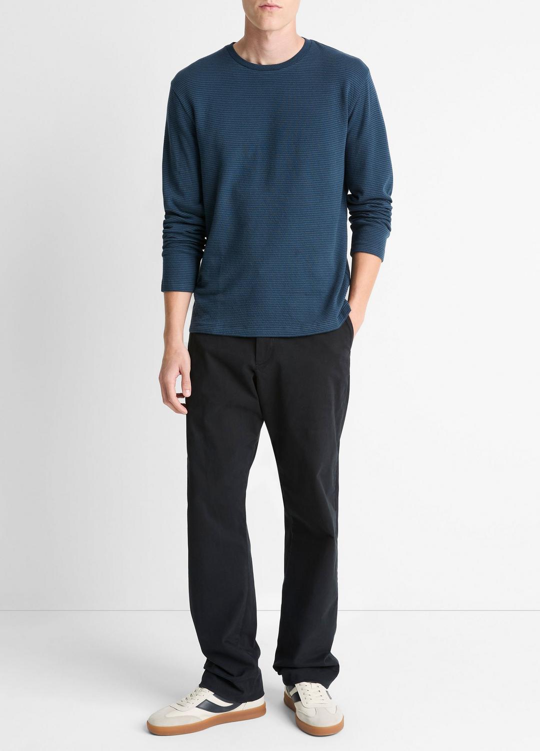 Striped Double-Knit Pima Cotton Long-Sleeve T-Shirt in Long Sleeve - CLEAR LAKE/RAPIDS | VINCE Men