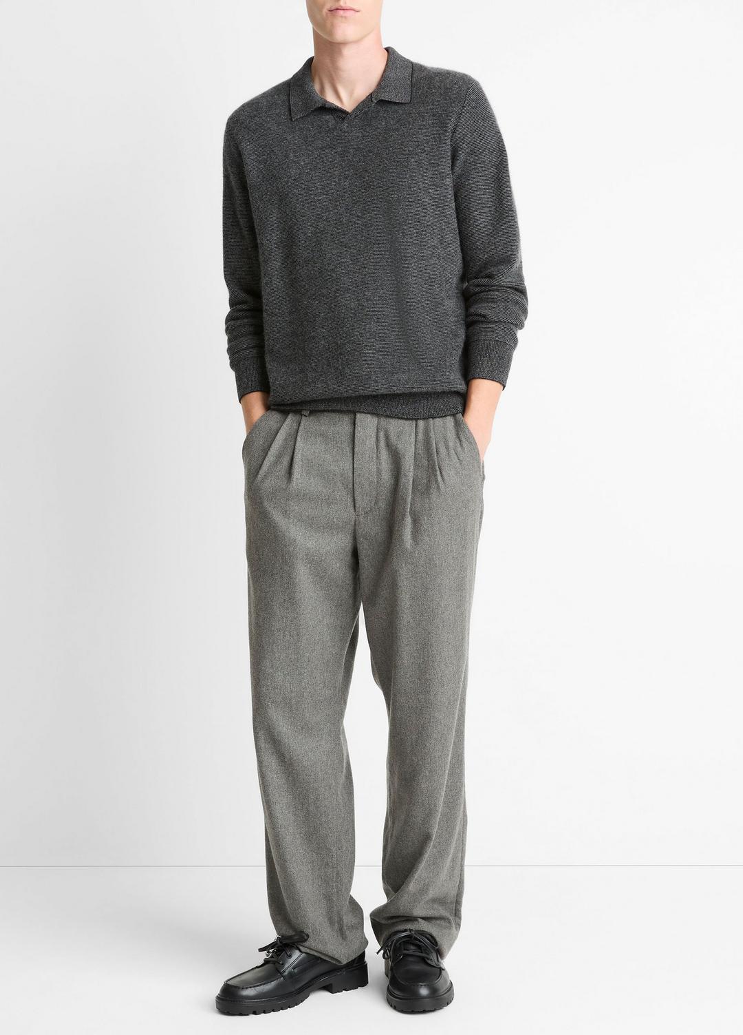 Feed Stripe Plush Cashmere Johnny-Collar Sweater in Cashmere - BLACK/MEDIUM HEATHER GREY | VINCE Men