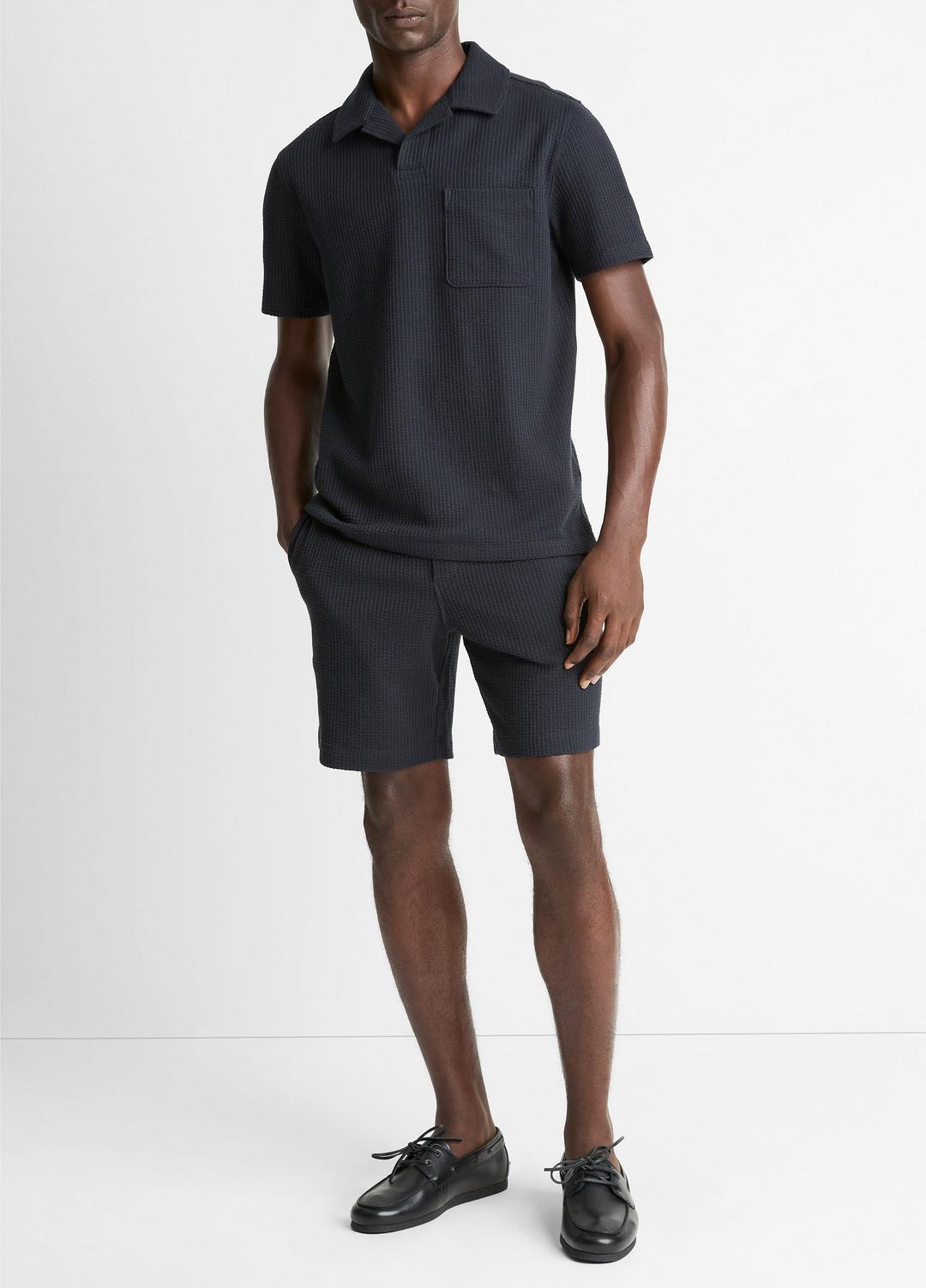 Seersucker-Knit Stretch-Cotton Short-Sleeve Johnny-Collar Shirt in Short Sleeve - COASTAL BLUE | VINCE Men