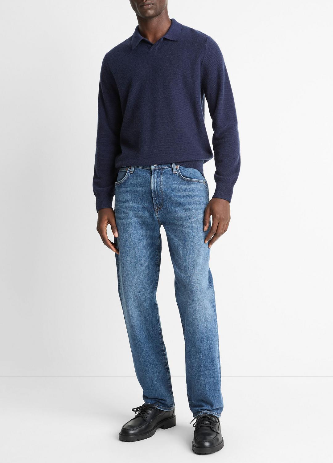 Feed Stripe Plush Cashmere Johnny-Collar Sweater in Cashmere - COASTAL BLUE/DARK SAPPHIRE | VINCE Men